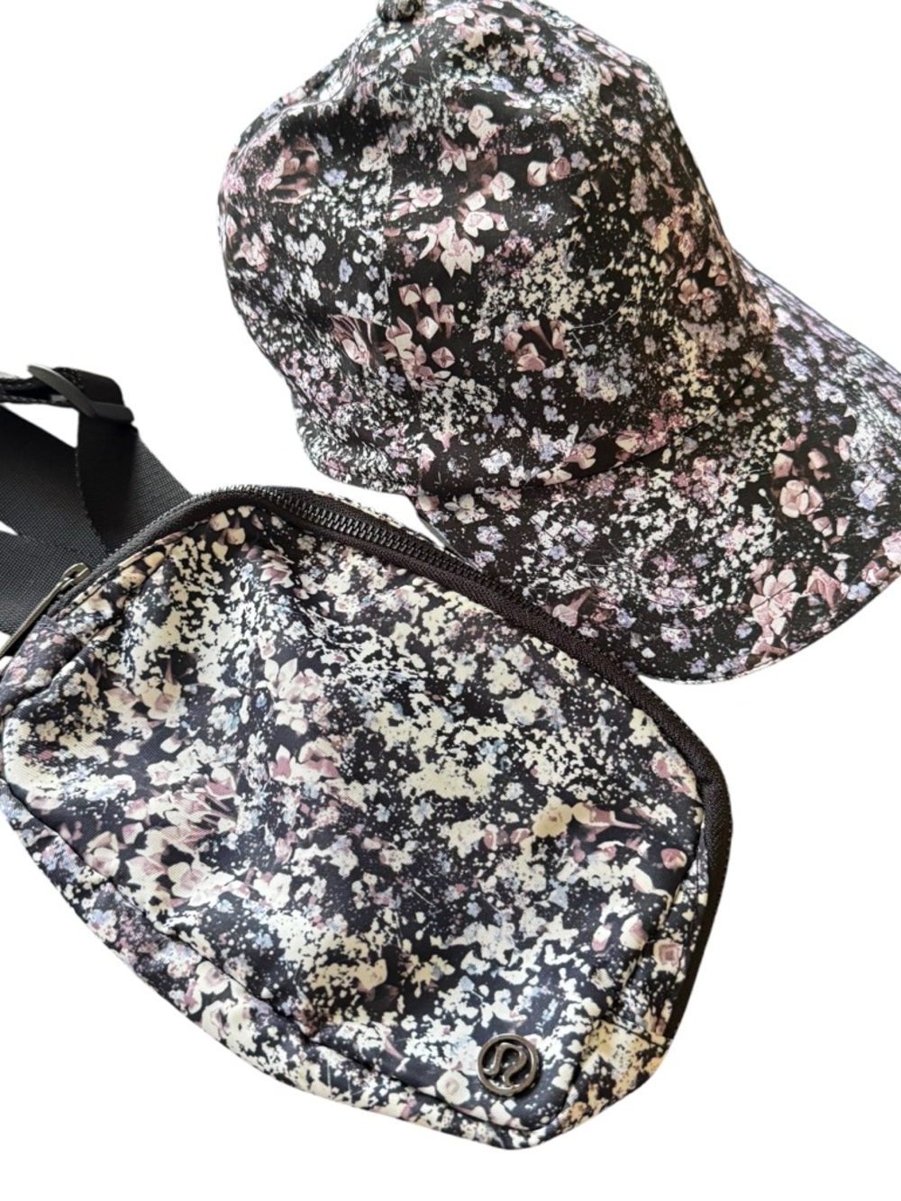 lululemon athletica Black & purple Floral PonyTail Cap and Belt Bag Set